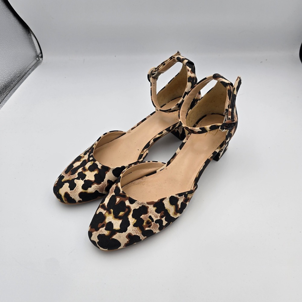Cabi Leopard Print d'Orsay Block Heels Almond Toe Ankle Strap Pumps Tan Brown 8M